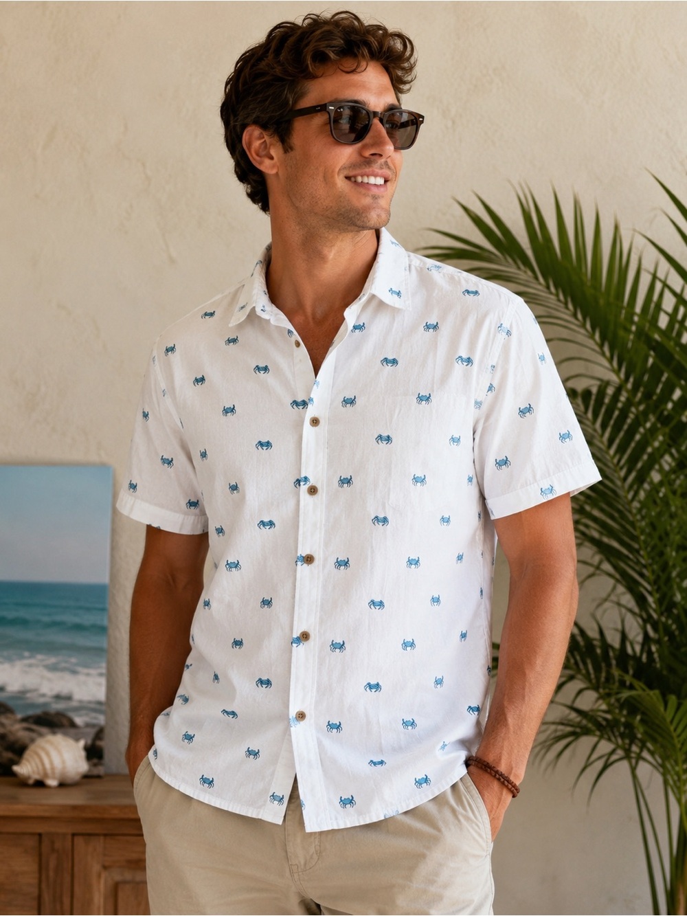 Trunks Surf & Swim Co. Blue Crab Print Button-Up Shirt 100% Cotton Beach Resort